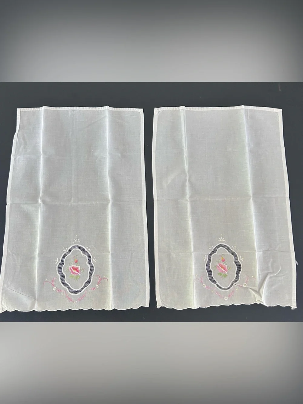 Vintage Embroidered Napkins Floral Cotton White Pink Set of 2